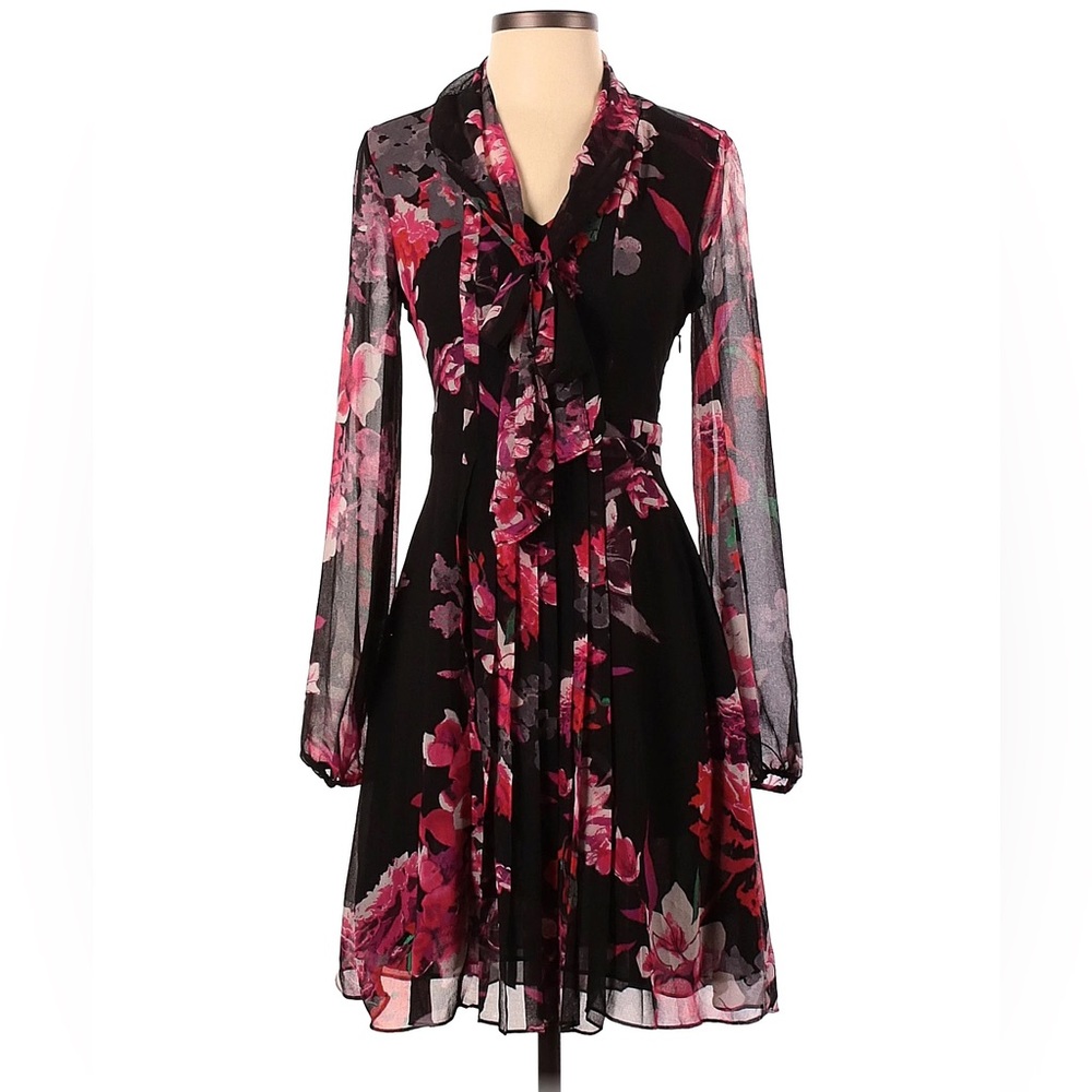 ๐ Kirna Zabete for Target Floral Chiffon Red & Black Long Sleeve Dress, Size S - Picture 5 of 14